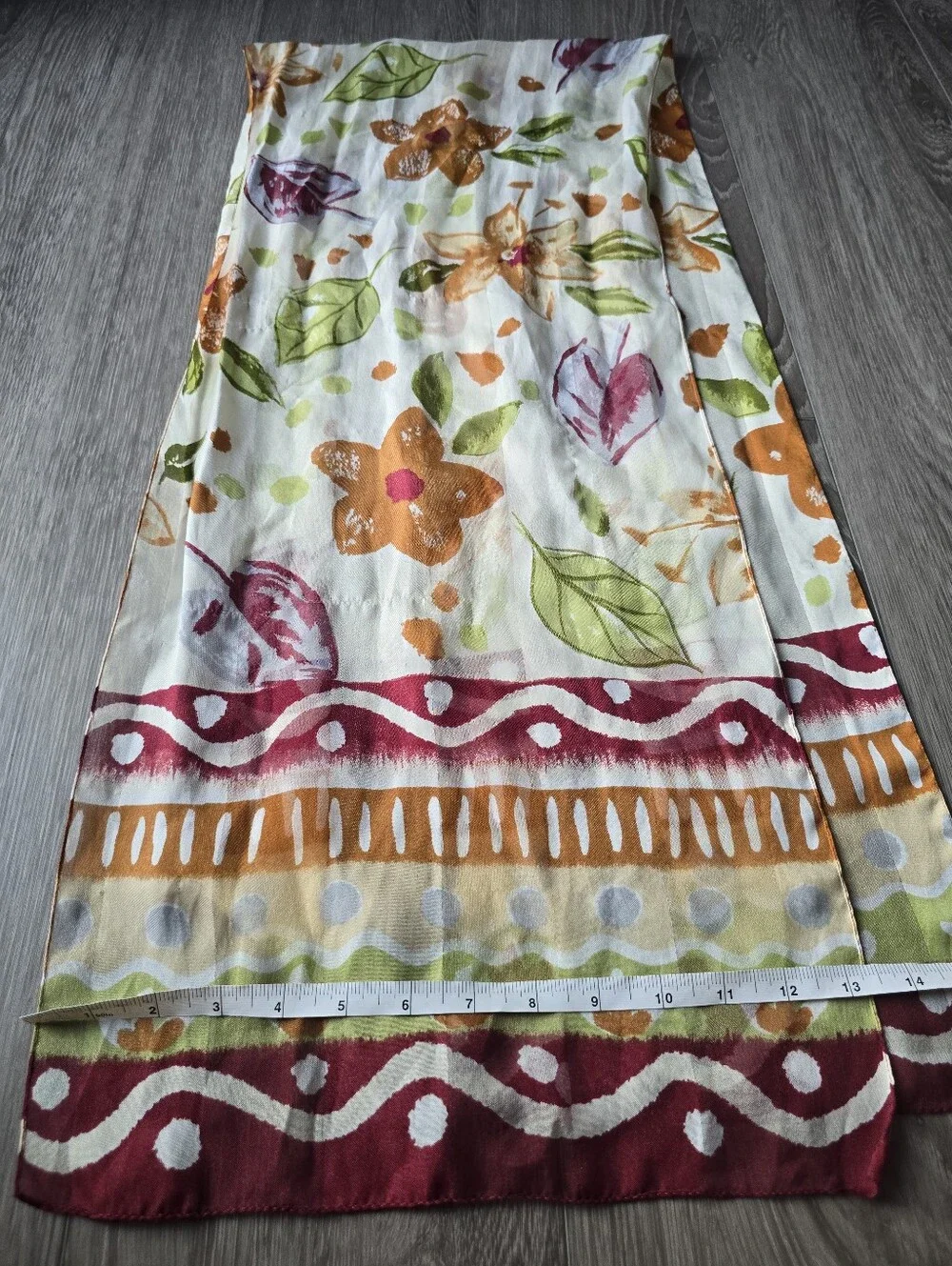 Watercolor Floral Oblong Scarf Boho Ikat Border Orange Green Made in Italy Long